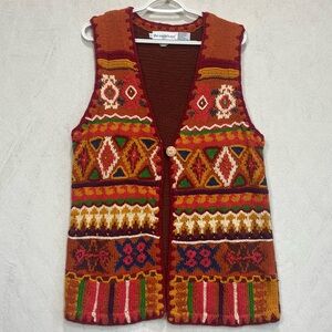 Vtg The Eagle's Eye 1994 Hand Knit Cardigan Sweater Vest Sz L Southwestern Aztec
